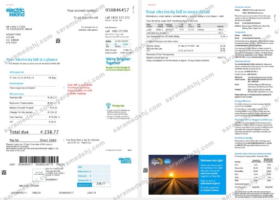 Ireland Electric Ireland utility bill template in Word and PDF format, version 2, 2 pages